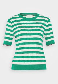 Maglione corto a maniche corte a righe verdi e bianche con una texture a costine; presenta un collo rotondo e dettagli a righe sulle maniche.