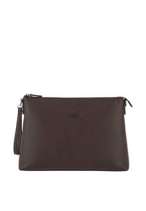 Pochette bracelet en cuir brun foncé avec fermeture éclair dorée et logo "Boggi Milano" en lettres dorées au centre avant.