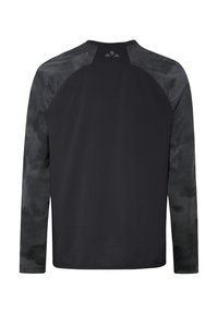 Maglietta sportiva nera a maniche lunghe con maniche grigio scuro a motivo e piccolo logo vicino al colletto sul retro.