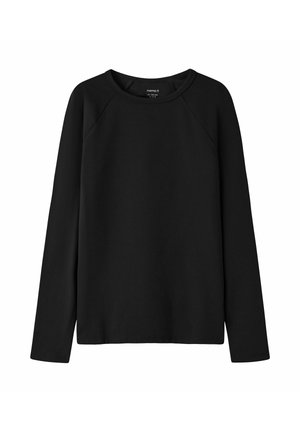 Sort langærmet crewneck-shirt med raglanærmer, enkelt design og en lige kant, vist på en hvid baggrund.