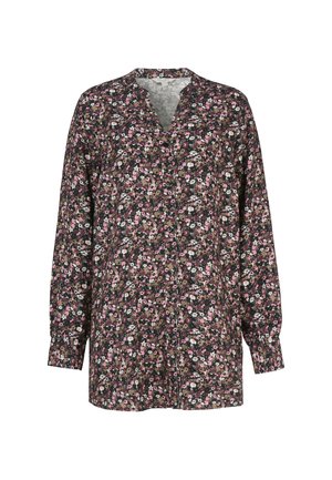 Schwarzes Blumenshirt mit V-Ausschnitt, langen Ärmeln und Knopfleiste. Mit mehrfarbigen Blumen auf dunklem Hintergrund. Weicher Stoff.