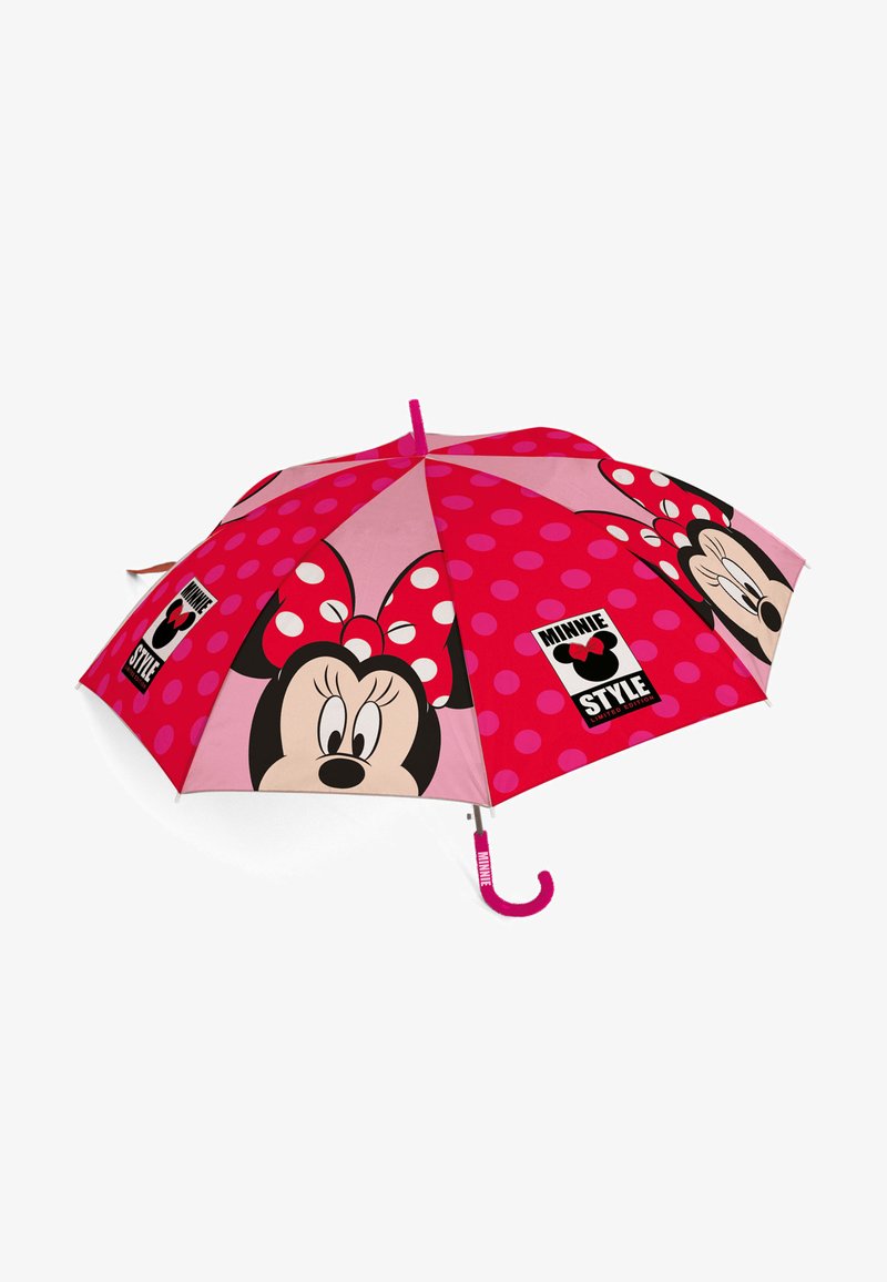 Pink umbrella featuring polka dots and Minnie Mouse design, with a curved handle and bright colors. Includes "MINNIE STYLE" logo.