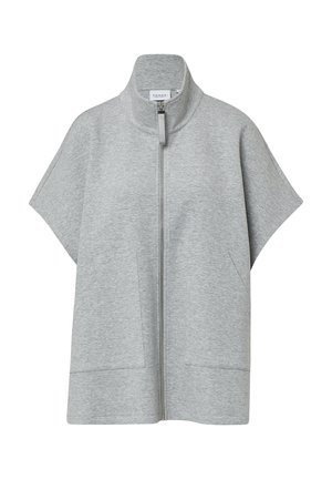 Maglione zip grigio chiaro con colletto alto, maniche corte e due tasche frontali. Realizzato in un tessuto morbido e liscio con una vestibilità comoda.