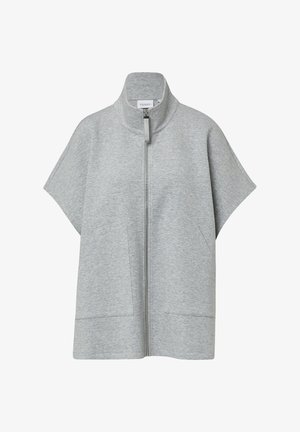 Light gray zip-up top with a high collar, short sleeves, and two front pockets. Made of a soft, smooth fabric with a relaxed fit.