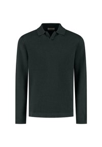 Dark green long-sleeve knitted polo sweater with textured fabric and a soft collar, displayed on a white background.