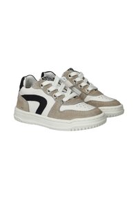 Sneakers met een combinatie van suede en leer in grijs, wit en zwart, met geperforeerde teenbox en witte veters. Rubberen zool.