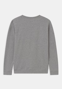 Szary sweter z długimi rękawami i okrągłym dekoltem. Tkanina wydaje się miękka i ma gładką fakturę, a jego kolor jest jednolity i prosty.