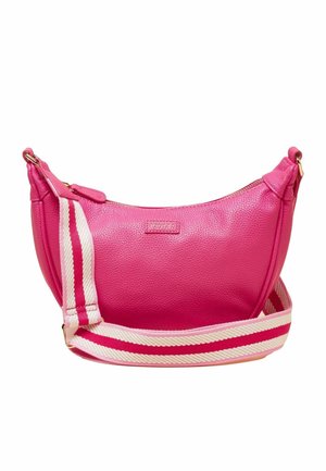 Bright pink leather shoulder bag with curved shape and adjustable white strap featuring pink stripes and a gold zipper closure.