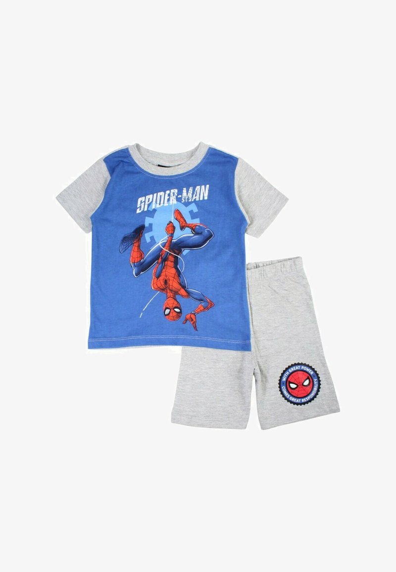 Pyjama pour enfants comprenant un t-shirt bleu avec un motif Spider-Man et un short gris avec un logo circulaire Spider-Man sur le côté.