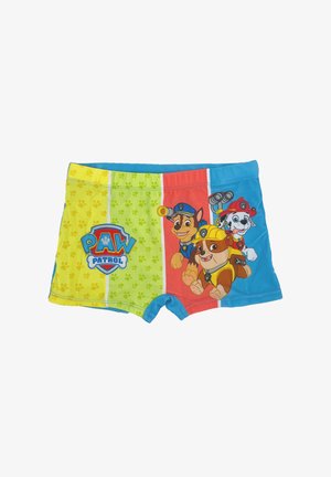 Boys' swim shorts featuring multicolored panels (yellow, green, red, blue) with cartoon dog characters and a "Paw Patrol" logo. Soft fabric.