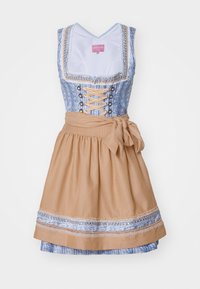 Traditionelles Dirndl mit einem blauen gemusterten Mieder, Schnürung an der Vorderseite und einem weit ausgestellten beigen Rock, der eine Schleife an der Taille und dekorative Verzierungen aufweist.