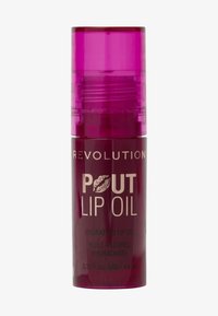 Olio per labbra in un contenitore trasparente di colore viola con una base opaca di un viola scuro. Presenta un erogatore a pompa e testo dorato. 0,15 fl oz. (4,6 ml).