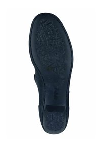 Suela de zapato de goma negra con superficie texturizada y forma contorneada. Presenta el logo del fabricante y las marcas de tamaño en la parte inferior.