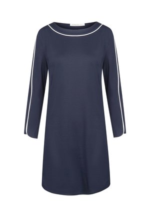 Marineblaues Kleid aus weichem Stoff, mit rundem Halsausschnitt und dreiviertellangen Ärmeln, verziert mit weißen Paspeln entlang der Kanten.