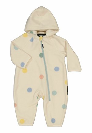 Fleece-heldragt med hætte, cremefarvet, dækket af multifarvede prikker. Har en lynlås foran og elastiske manchetter ved anklerne.