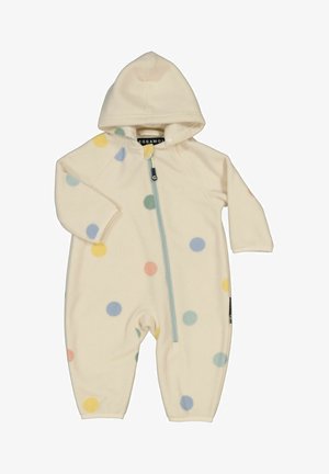 Huppuinen fleecemäinen haalari, väriltään kerma, kuorrutettu monivärisillä pilkuilla. Siinä on etuvetoketju ja joustavat resorit nilkoissa.