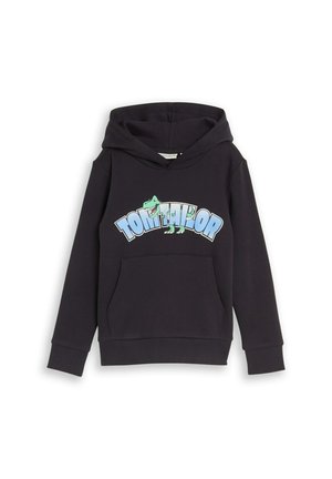 Sweat à capuche noir pour enfants avec poche avant, texte bleu clair "Tom Tailor", et un dinosaure vert souriant sur la poitrine.