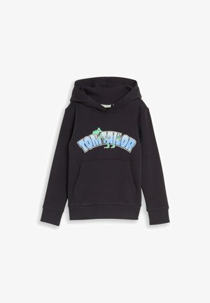 Sweat à capuche noir pour enfants avec poche avant, texte bleu clair "Tom Tailor", et un dinosaure vert souriant sur la poitrine.