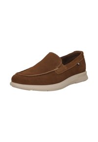 Braune Wildleder-Slipper mit niedrigem Profil und flexibler weißer Gummisohle. Verfügt über dekorative Nähte und ein kleines Logo-Detail an der Seite.