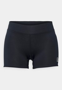 Černé sportovní šortky s hladkou texturou, širokým pasem a bohatým detailem loga. Navrženy pro flexibilitu a pohodlí během cvičení.