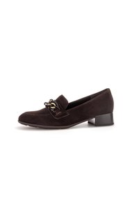 Black suede loafers with a low block heel, featuring a decorative chain accent on the upper. Smooth texture and pointed toe design.