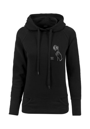 Must kapuutsiga dressipluus eesmiste taskute, nöörikeste ja valge joonistusega käest, mis hoiab roosi, tekstiga "ONLY LOVE" rinnal.