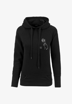 Black hoodie with front pockets, drawstrings, and white line art of a hand holding a rose with text "ONLY LOVE" on the chest.