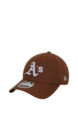 Brown fitted cap with a round crown, white embroidered "A's" logo on the front, and a flat bill. Fabric has a textured finish.