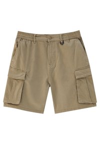Short cargo beige avec fermeture par bouton et zip, taille élastique, poches avant et grandes poches à rabat sur les deux jambes.