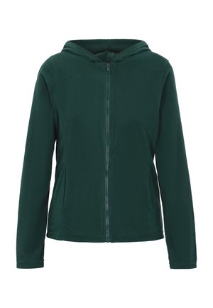 Tamsiai žalia fliso striukė su užtrauktuku priekyje ir gobtuvu. Ilgos rankovės ir minkšta tekstūra, pasižymi paprasta dizaino forma be raštų ar akcentų.