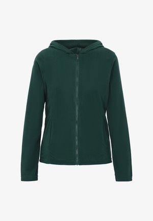 Tamsiai žalia fliso striukė su užtrauktuku priekyje ir gobtuvu. Ilgos rankovės ir minkšta tekstūra, pasižymi paprasta dizaino forma be raštų ar akcentų.