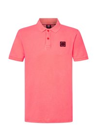 Polo tričko v jasně růžové bavlně s límečkem, zapínáním na tři knoflíky, krátkými rukávy a malou nášivkou loga na levém prsu.