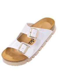 Hvide slip-on sandaler med to justerbare spænder, brun struktureret fodseng og en tykk, cremefarvet sål med rillemønster.