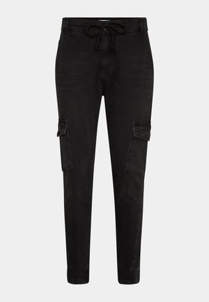 Pantalons cargo noirs en denim, avec une taille réglable, des jambes fuselées et des poches latérales avec rabats pour le rangement.