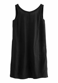Must have varrukateta must dresses, mis on valmistatud kergest linast, on lihtsa A-line disainiga, ümmarguse kaelusega ja küljetaskutega.