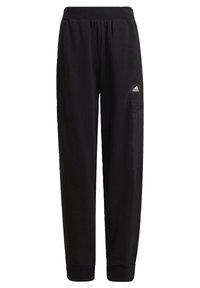 Schwarze Jogginghosen aus weichem Stoff mit schmal zulaufendem Schnitt, elastischem Bund, Seitentaschen und einem Adidas-Logo am rechten Oberschenkel.