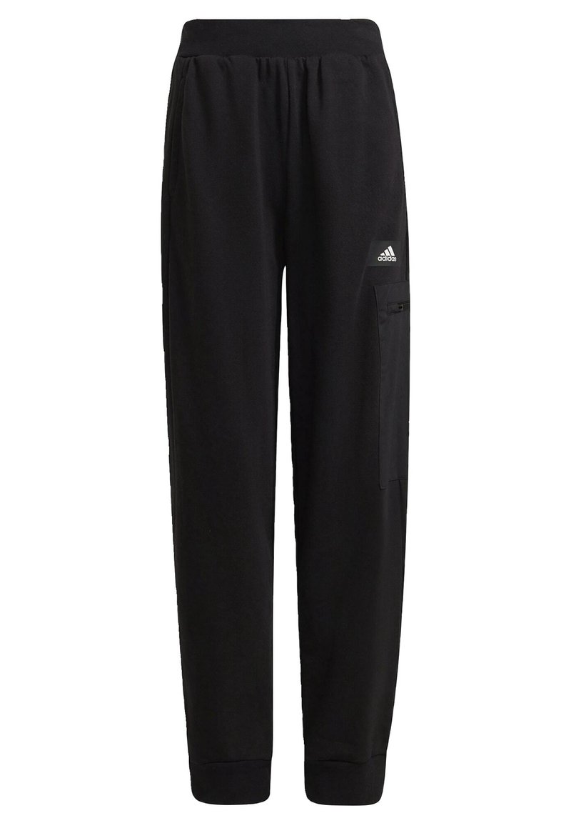 Schwarze Jogginghosen aus weichem Stoff mit schmal zulaufendem Schnitt, elastischem Bund, Seitentaschen und einem Adidas-Logo am rechten Oberschenkel.