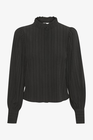 Schwarze Bluse mit hohem Rüschensaum, langen puffartigen Ärmeln und vertikaler Ripptextur. Verfügt über eine Frontknopfleiste und eine taillierte Passform.