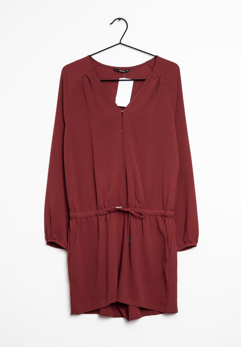 Vestido burdeos de manga larga con escote en V profundo y cintura con cordón. Tejido suave con puños elásticos y bolsillos laterales. Etiqueta colgante adjunta.