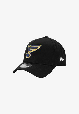 Black baseball cap made of fabric featuring an embroidered blue and yellow St. Louis Blues logo on the front and a white logo on the side.