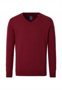 Burgunderfarbener V-Ausschnitt-Pullover aus einem weichen Stoff, mit langen Ärmeln und gerippten Bündchen. Einfaches Design ohne sichtbare Muster oder Akzente.