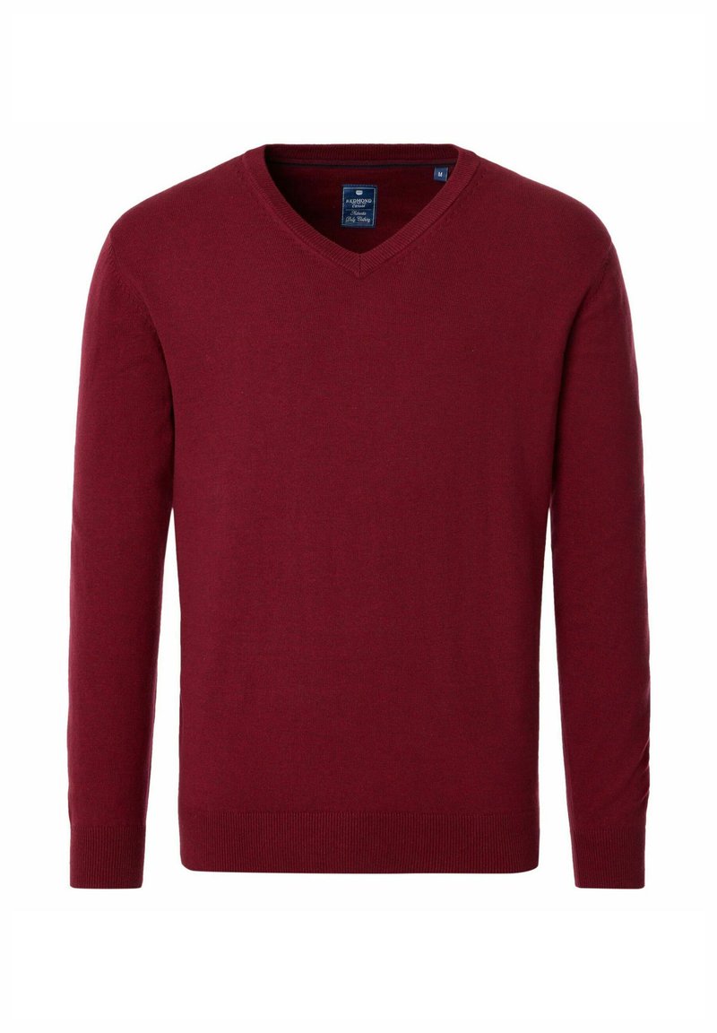 Burgunderfarbener V-Ausschnitt-Pullover aus einem weichen Stoff, mit langen Ärmeln und gerippten Bündchen. Einfaches Design ohne sichtbare Muster oder Akzente.