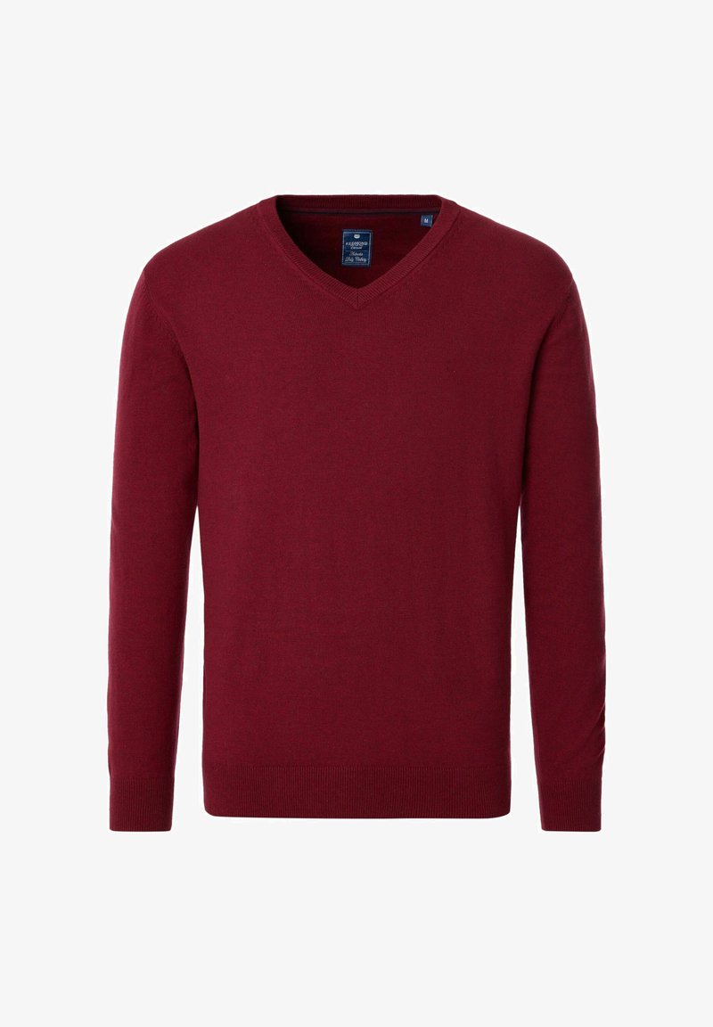 Burgunderfarbener V-Ausschnitt-Pullover aus einem weichen Stoff, mit langen Ärmeln und gerippten Bündchen. Einfaches Design ohne sichtbare Muster oder Akzente.