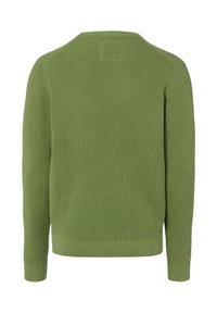 Grüner gestrickter Pullover mit strukturiertem Muster, Rundhalsausschnitt sowie gerippten Bündchen und Saum. Rückansicht zeigt einfarbigen, schlichtes Design.