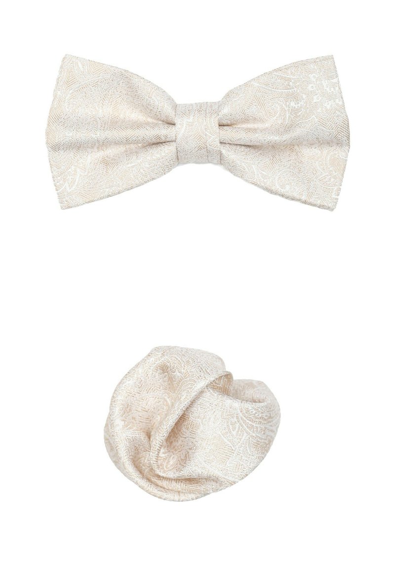 Cremefarbener Fliegenkopf und passenden Scrunchie aus strukturiertem Stoff mit dezentem Blumenmuster. Der Fliegenkopf hat eine klassische Form, der Scrunchie ist gerafft.