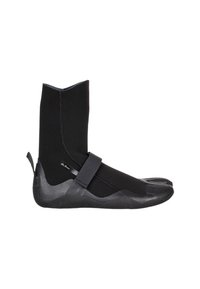 Black neoprene wetsuit boots with a mid-calf design, featuring a Velcro strap and durable rubber sole. The toe area is split for flexibility.