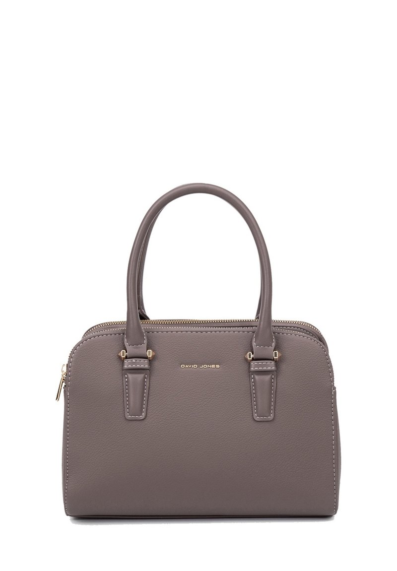 Grey leather handbag with two top handles, gold hardware, zip closure, and subtle stitching details. Features a branded logo on the front.