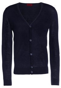 Námorně modrý cardigan z lehkého materiálu, s výstřihem do V, dlouhými rukávy a šesti knoflíky vpředu. Hladká textura.