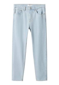 Jeans de denim azul claro con un corte ajustado, que cuentan con cinco bolsillos, cierre delantero de botón y cremallera, y detalles de costura mínimos.