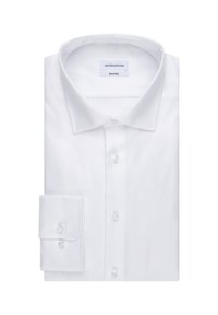 Witte overhemd gemaakt van gestructureerde stof, met een puntige kraag, knopen aan de voorkant en een enkele manchette met knoopdetail.